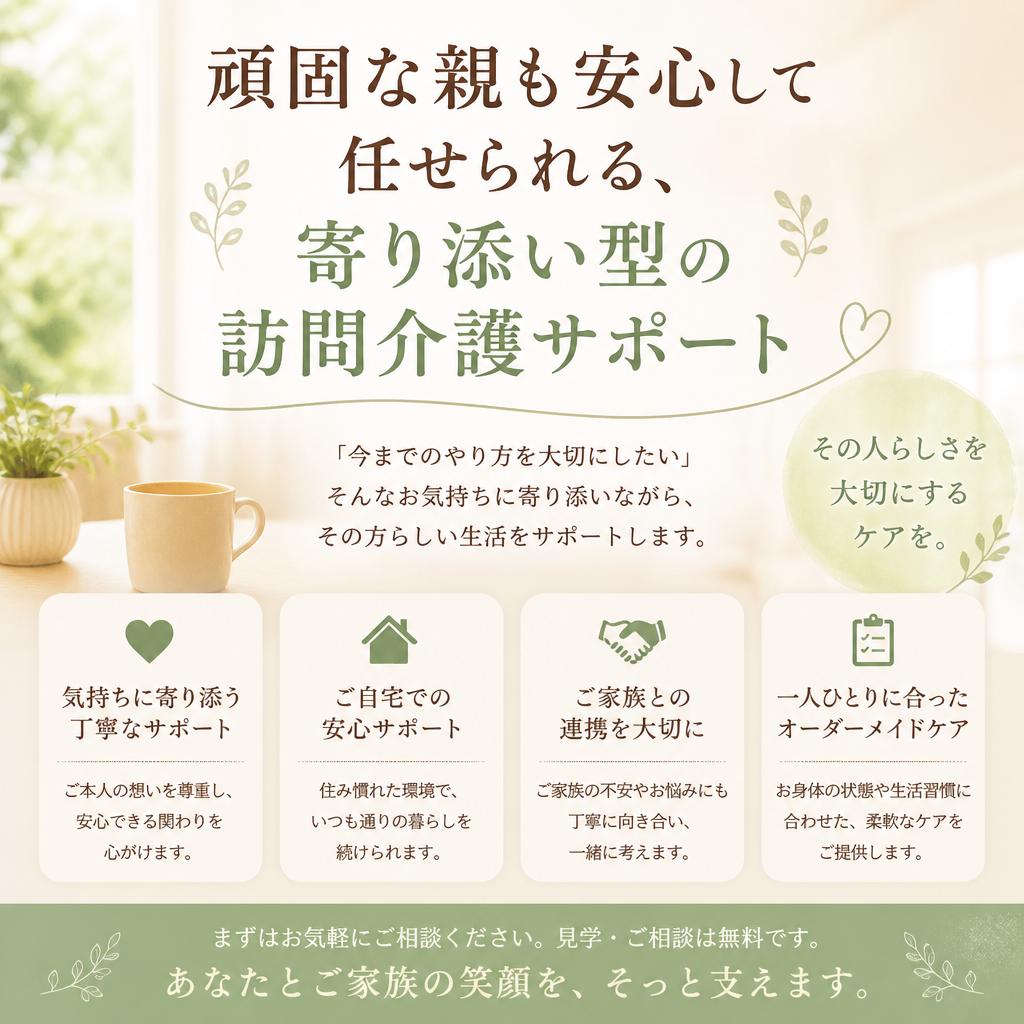 頑固な親も安心して任せられる、寄り添い型の訪問介護サポート