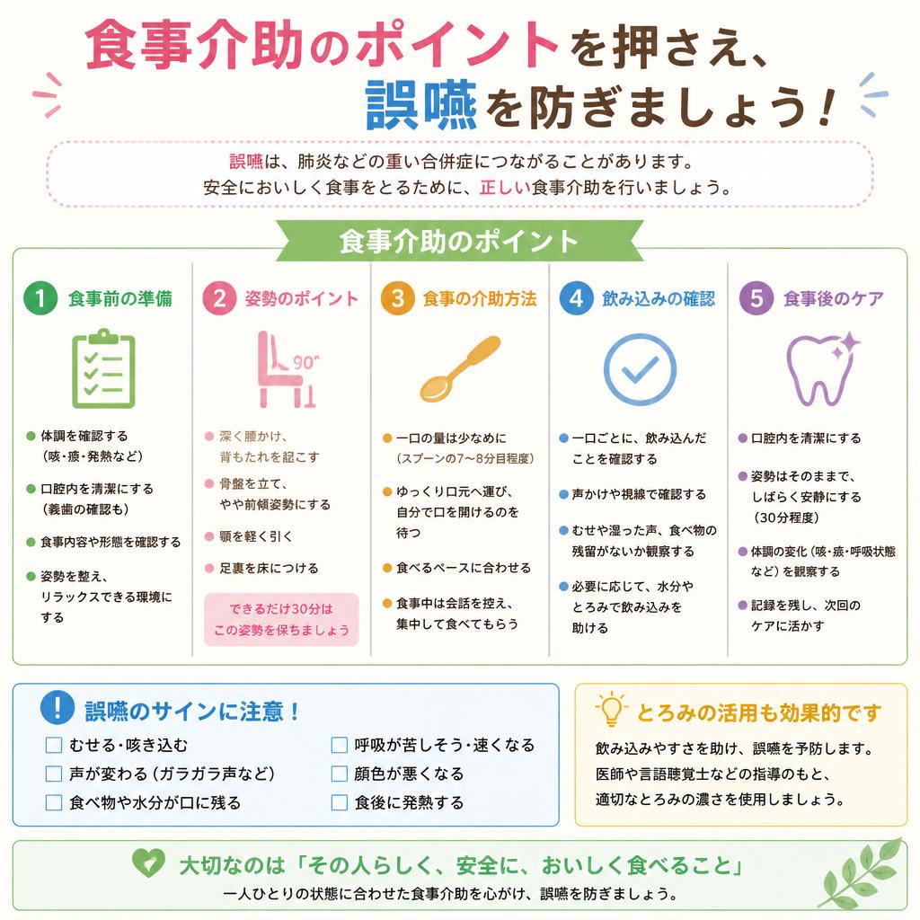 食事介助のポイントを押さえ、誤嚥を防ぎましょう！