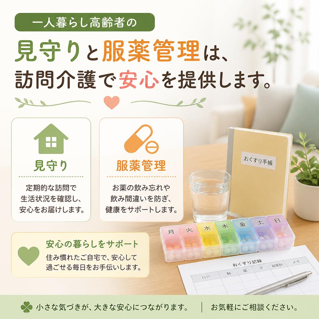 一人暮らし高齢者の見守りと服薬管理は、訪問介護で安心を提供します。